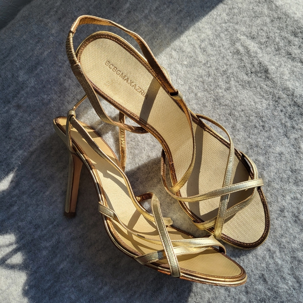 BCBG Max Azria Gold Strappy Stiletto Sandals EU 39 Leather Evening Heel